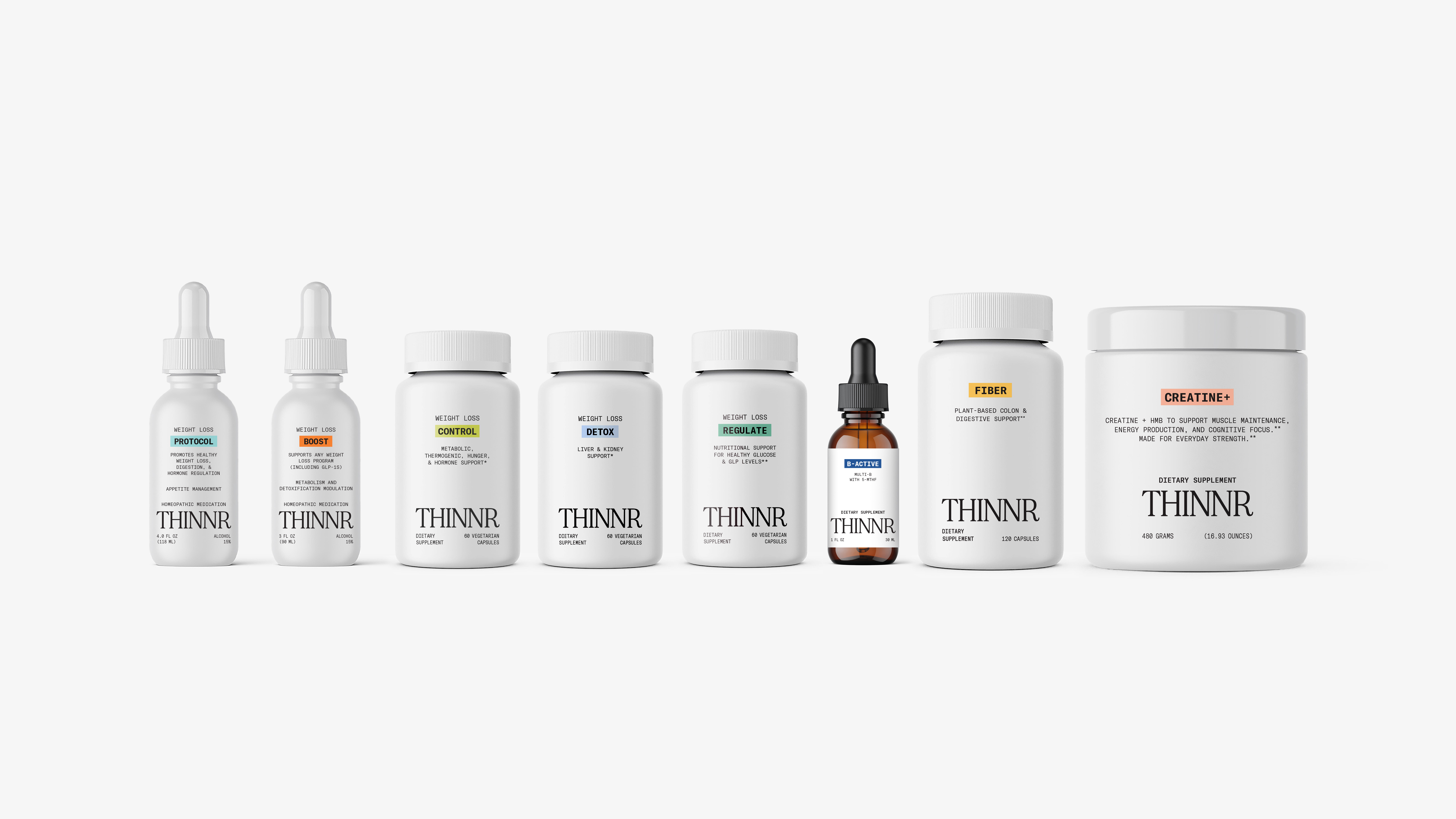 THINNR weight management products - complete homeopathic OTC medication lineup including Protocol, Boost, Control, Detox, and Regulate