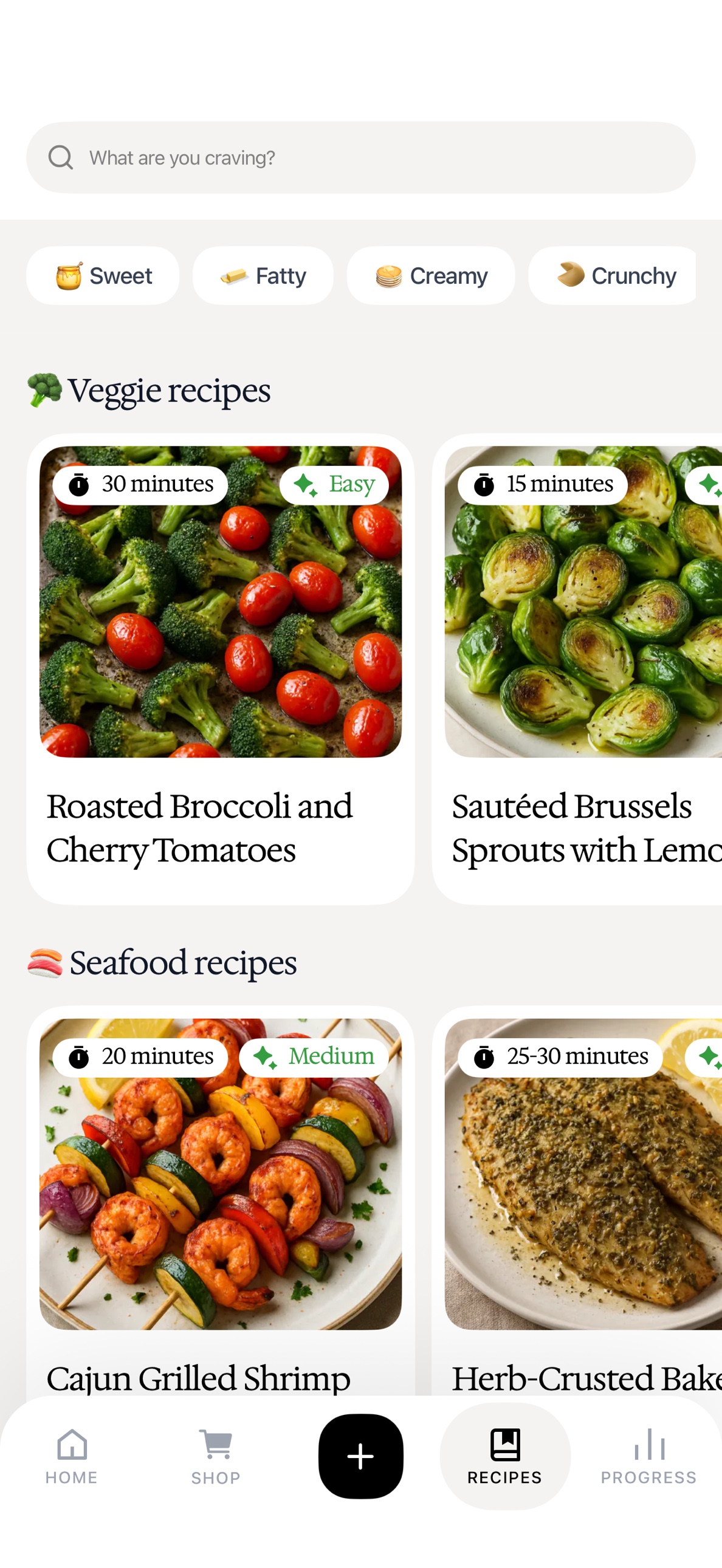 THINNR mobile app showing recipe library with veggie and seafood recipes